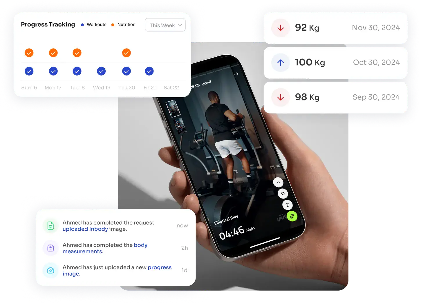 SuperCoach client app showing progress tracking and activity updates