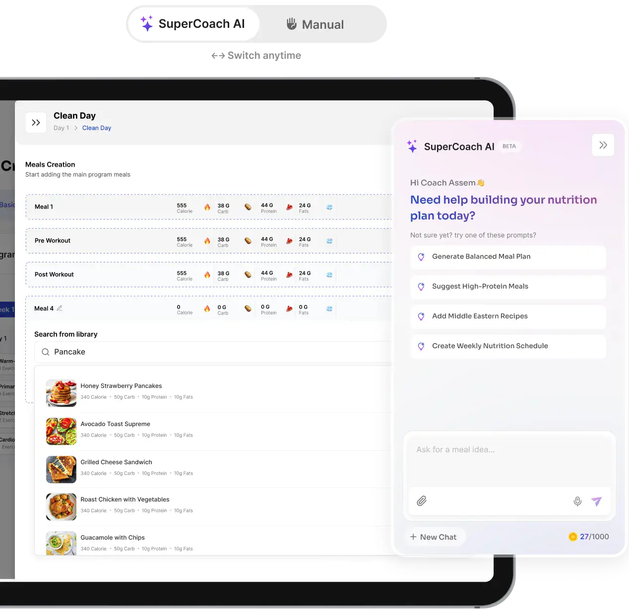 SuperCoach AI nutrition planner and manual meal builder