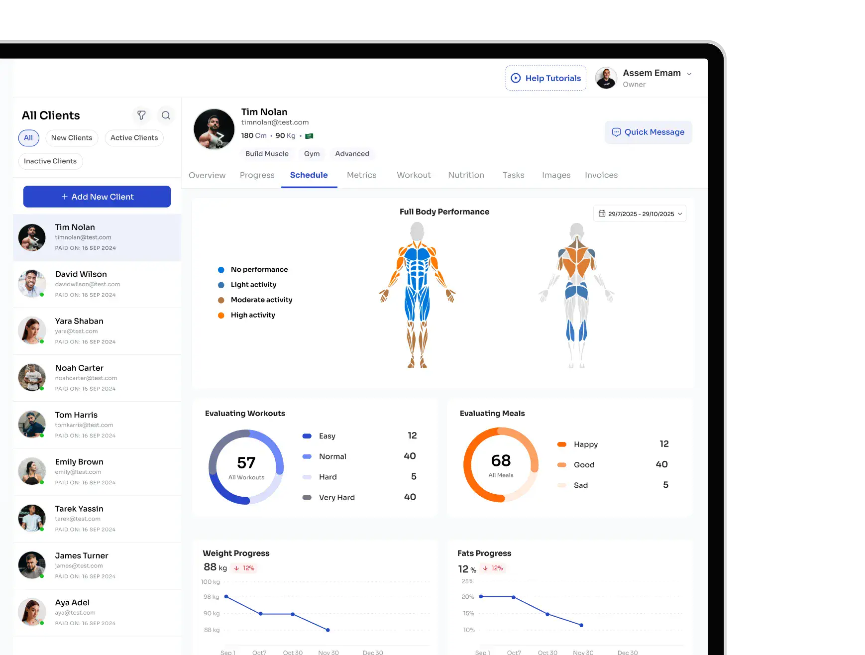 SuperCoach client progress dashboard with full-body performance tracking